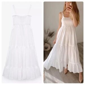 Zara Voluminous White Cotton Poplin Dress Long Smocking Bloggers favorite XS